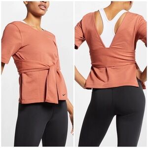 Nike Womens Yoga Studio Short Sleeve Wrap Top- Terracotta- Size Small